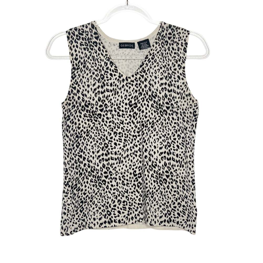 GEORGE Animal Print Blouse Silk Blend Sleeveless V-Neck Knit Beige Black Women M